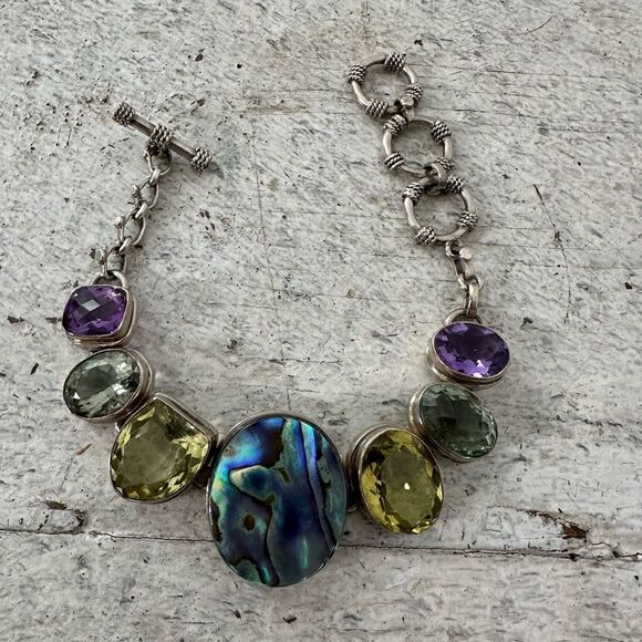 Vintage Multi Gemstone 925 Sterling Toggle Closure Bracelet - Picture 1 of 9
